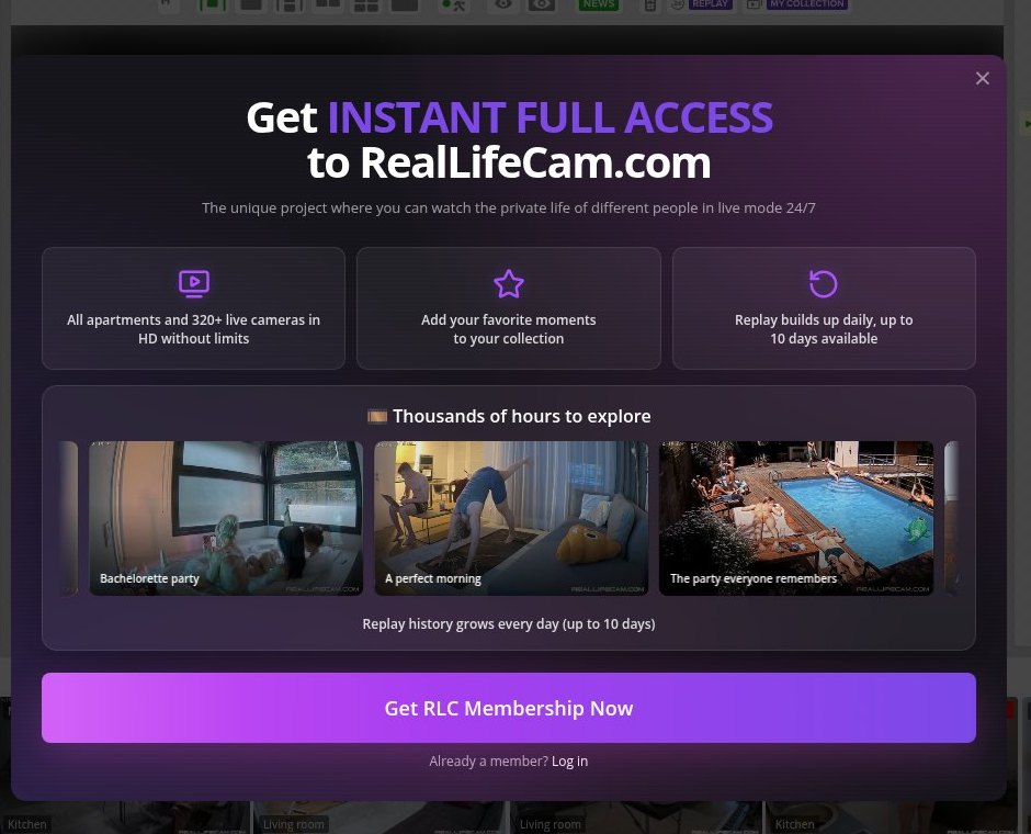 Finestra di accesso di RealLifeCam con le funzioni dell'abbonamento
